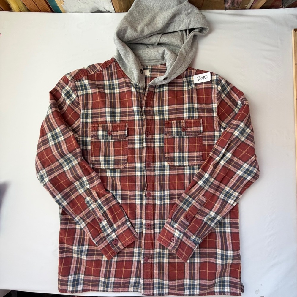 Aeropostale Flannel Shirt Mens Medium Red Plaid Hooded Button Down Long Sleeve
